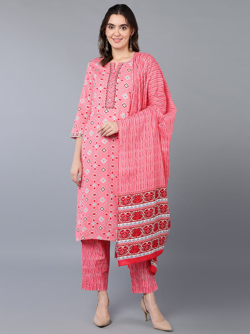 Cotton Pink Geometric Printed Kurta Pant With