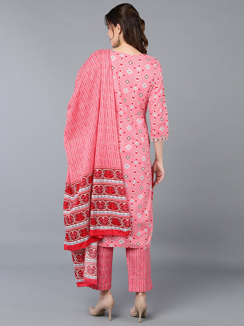Cotton Pink Geometric Printed Kurta Pant With