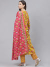 Ahika Women Mustard Yellow Pink Ethnic Motifs Print Cotton Kurta With Trousers Dupatta