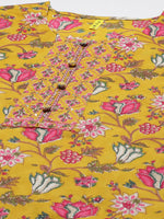 Ahika Women Mustard Yellow Pink Ethnic Motifs Print Cotton Kurta With Trousers Dupatta