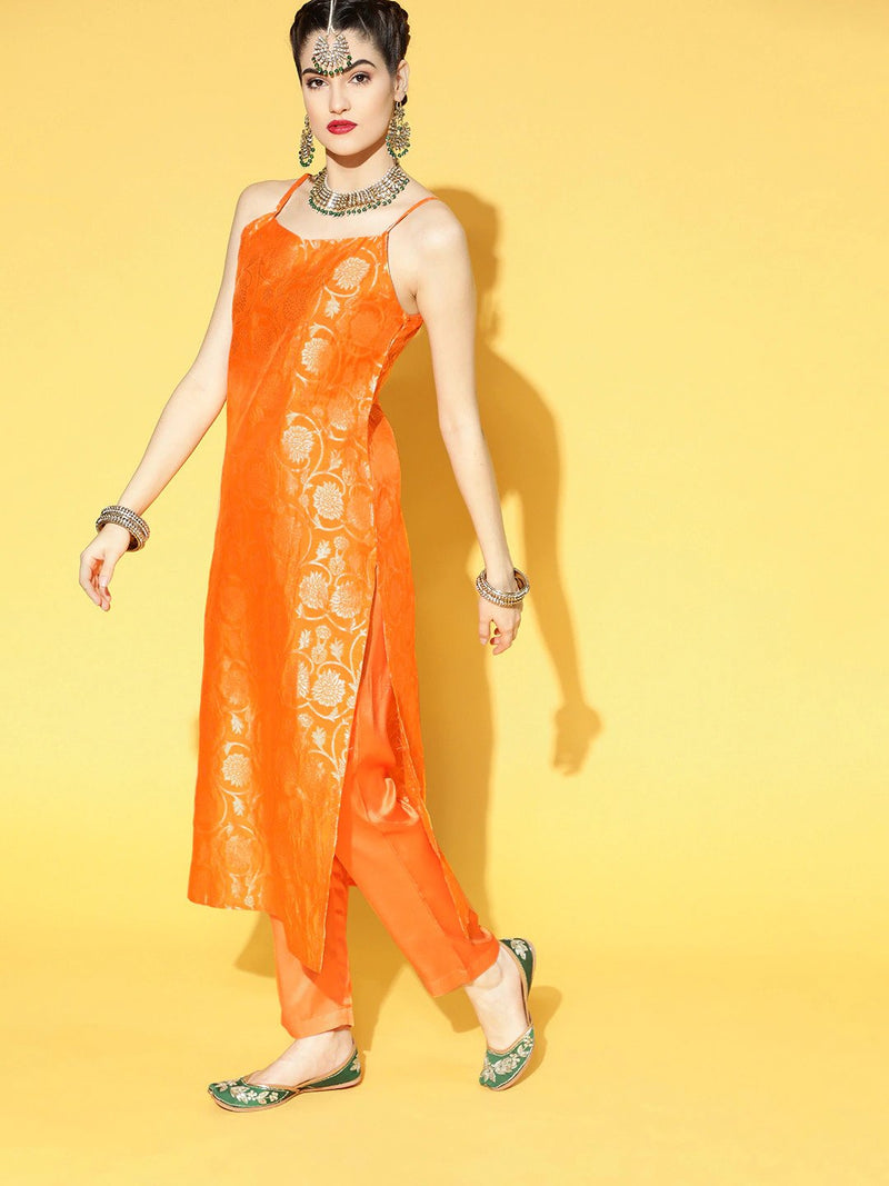 Ahika Women Orange Floral Woven Design Pure Cotton Kurta With Trousers With Dupatta Set