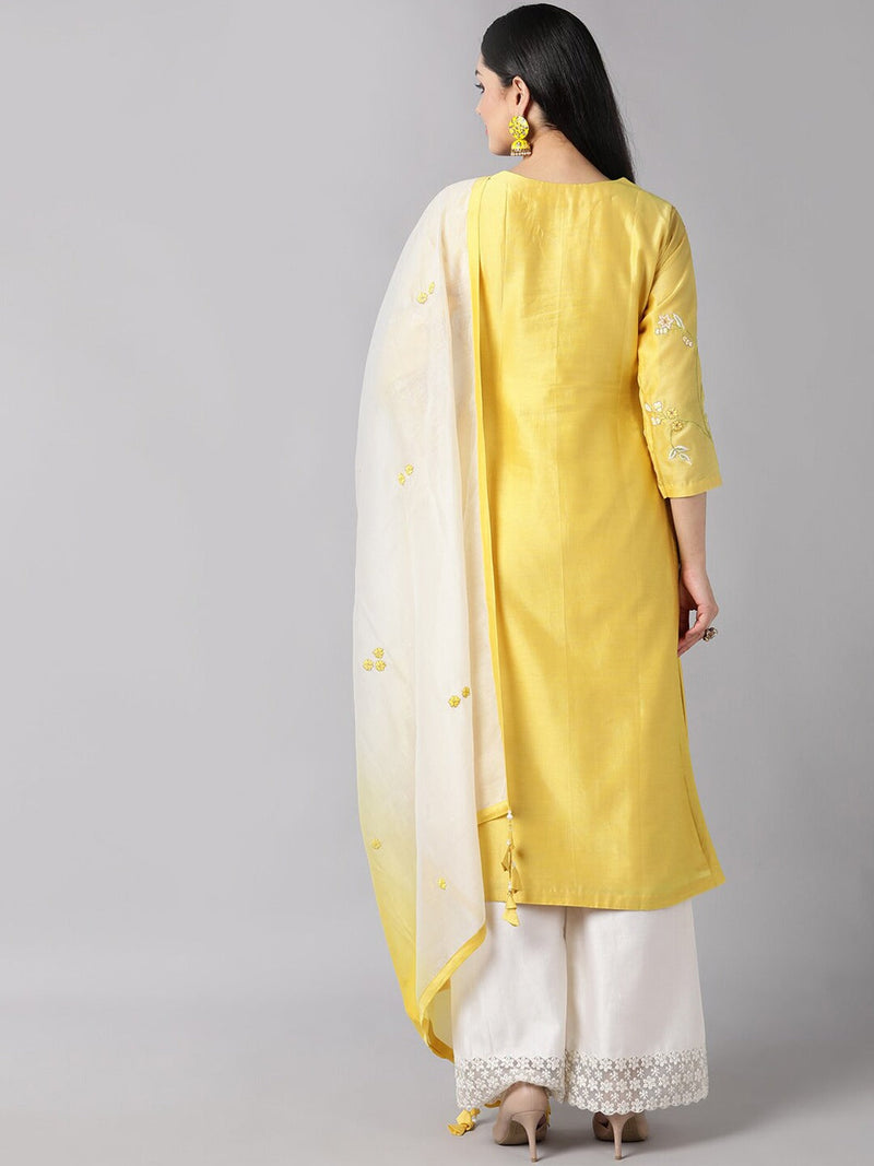 Ahika Women Yellow Ethnic Motifs Embroidered Thread Work Kurta With Trousers Dupatta Set