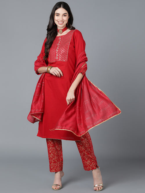Ahika Cotton Blend Embroidered Kurta Trousers With