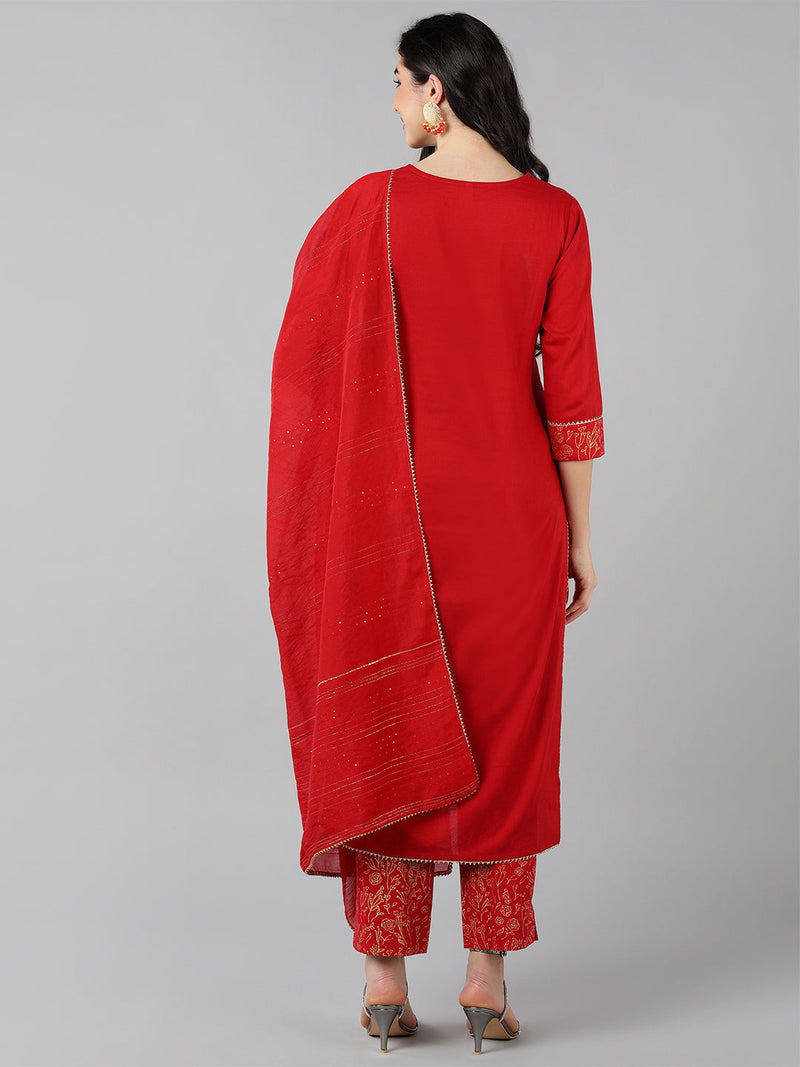 Ahika Women Red Printed Embroidered Kurti Trousers With Dupatta