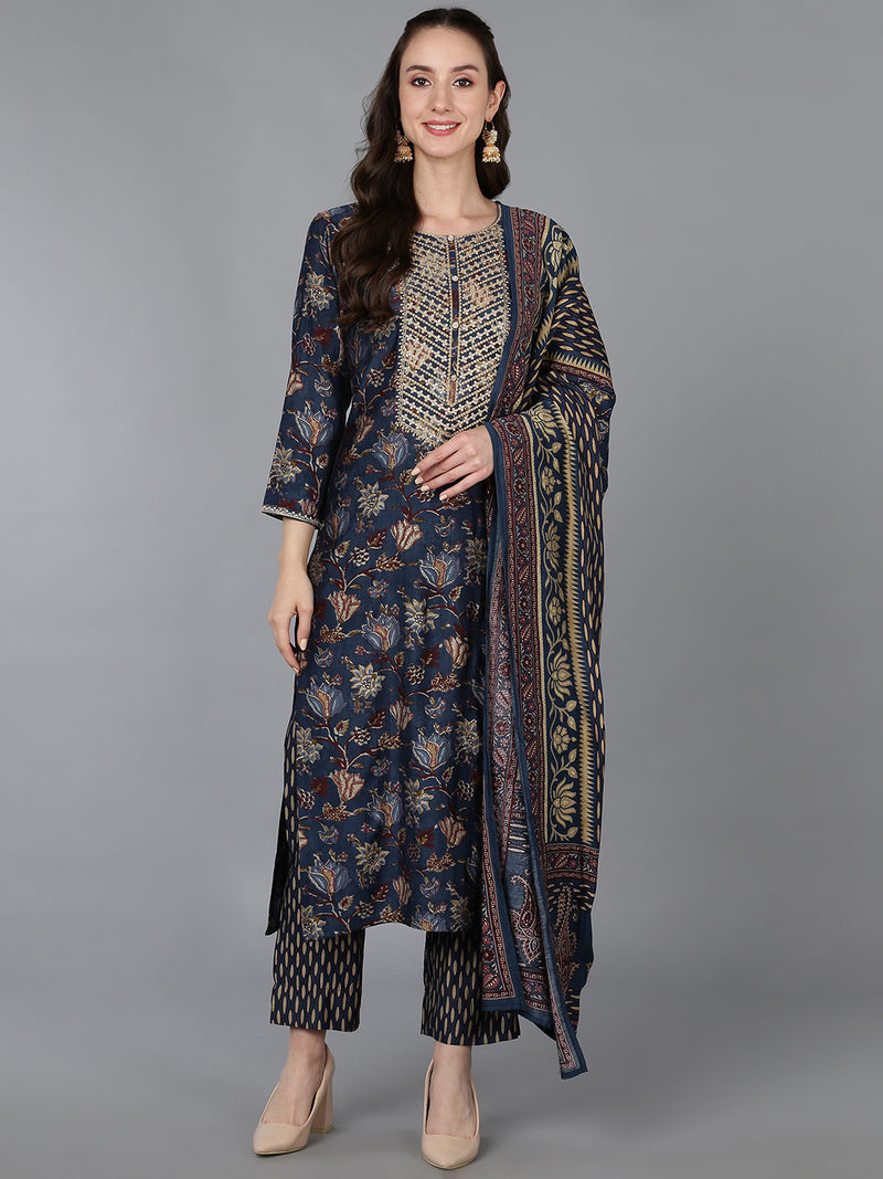 Ahika Women Silk Blend Embroidered Floral Printed
