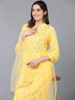Silk Blend Yellow Ethnic Printed Embroidered Kurta