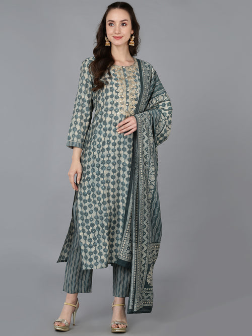 Ahika Women Silk Blend Embroidered Abstract Printed