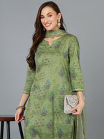 Green Cotton Blend Floral Printed Straight Suit