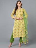Yellow Green Cotton Blend Floral Printed Straight