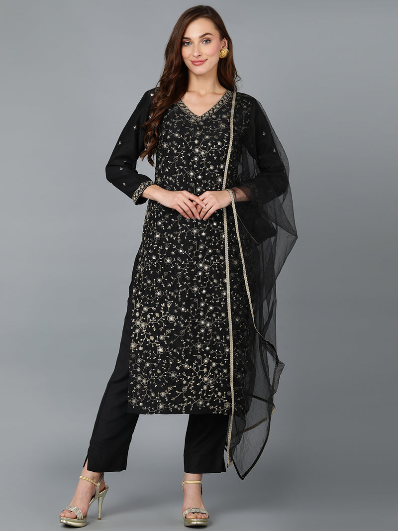 Black Silk Blend Embroidered Party wear Suit