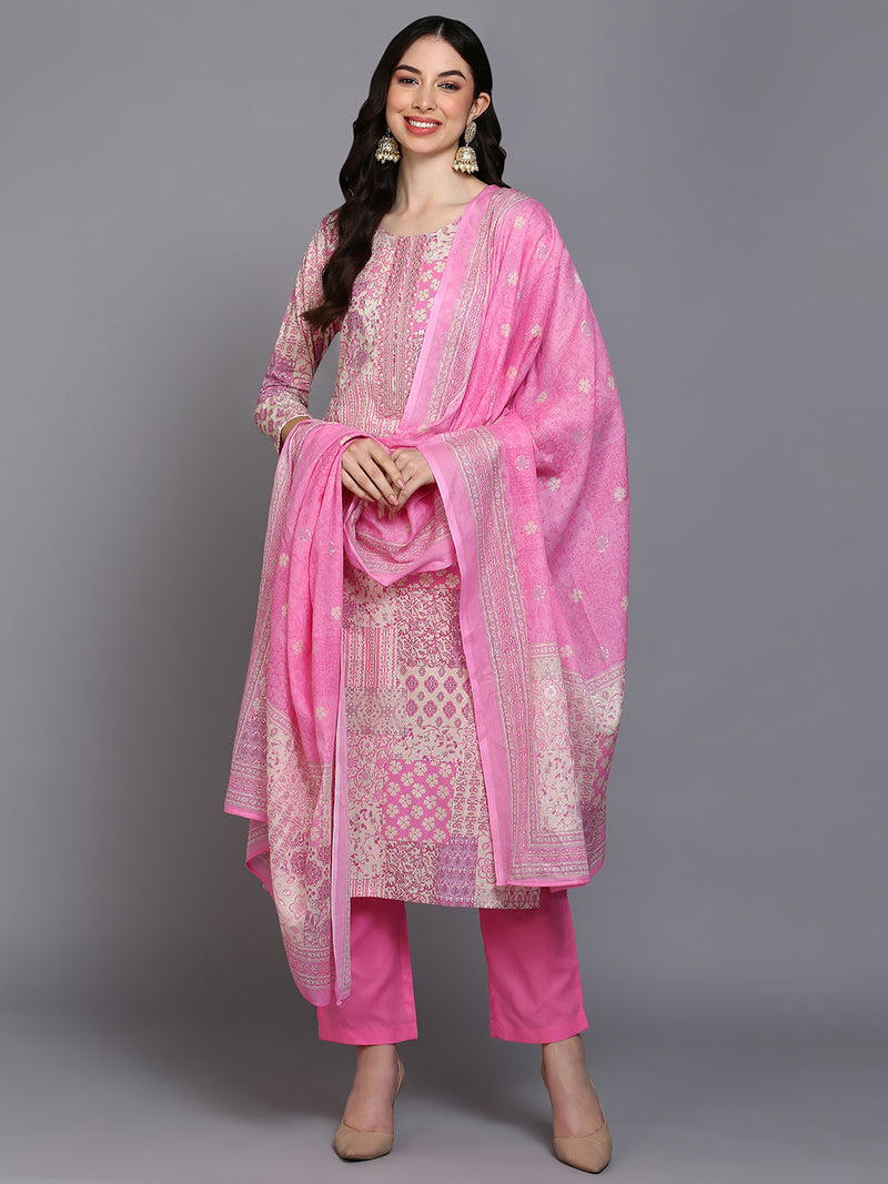 Cotton Pink Printed Straight Kurta Pant With