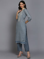 Cotton Grey Embroidered Straight Kurta Pant With