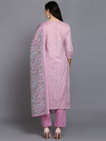 Pink Cotton Embroidered Suit Set VKSKD1913