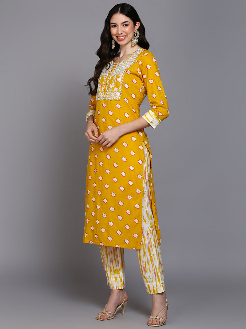 Cotton Yellow Bandhani Printed Straight Kurta Pant