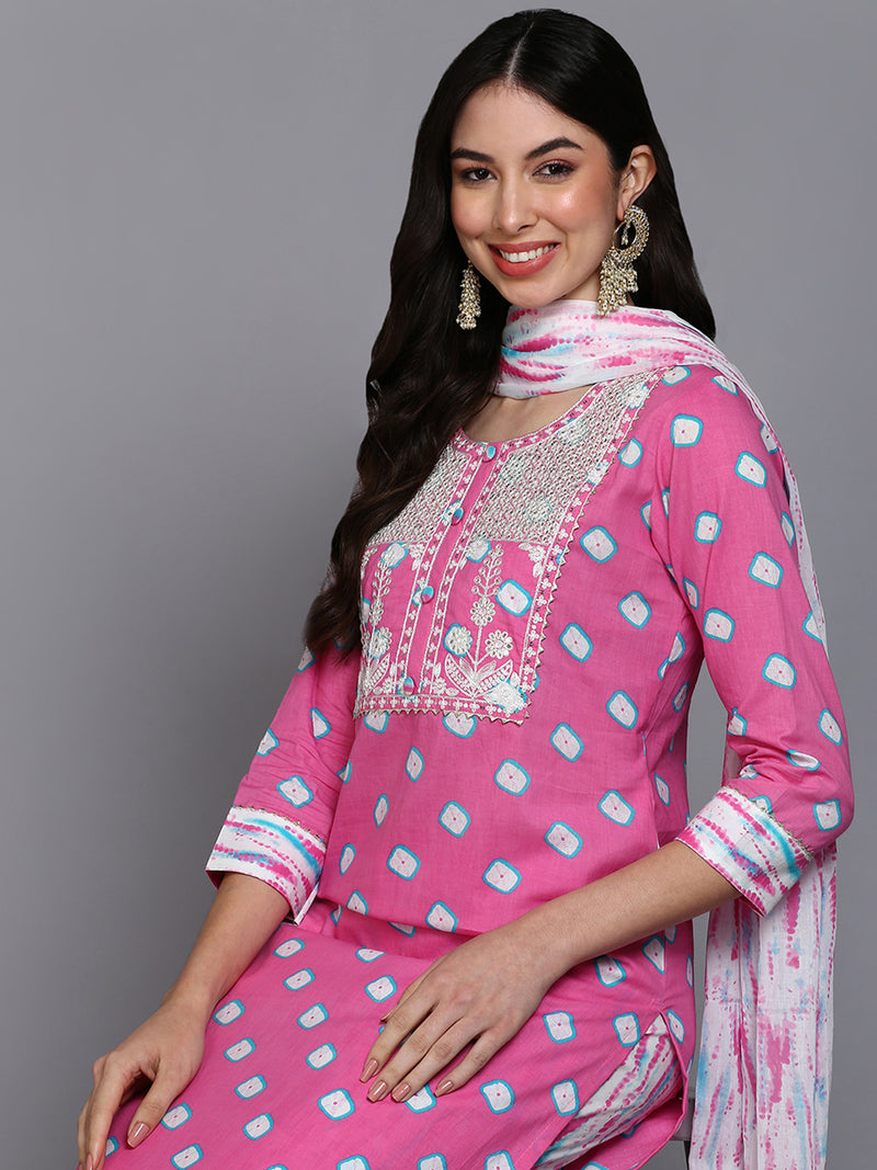 Cotton Pink Bandhani Printed Straight Kurta Pant