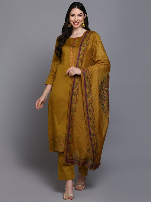 Cotton Olive Embroidered Straight Kurta Pant With