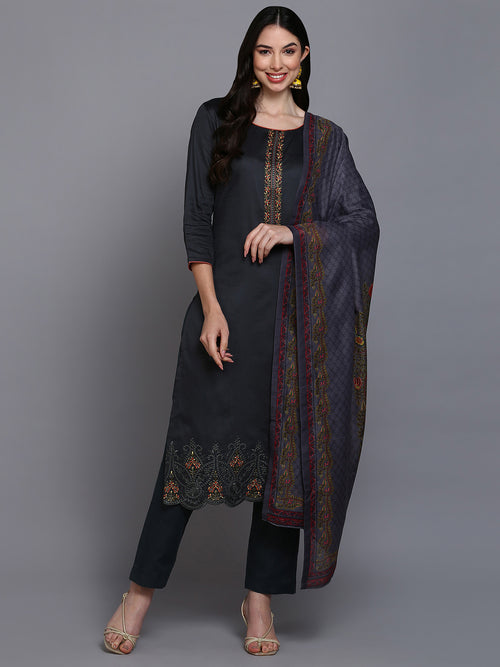 Cotton Grey Embroidered Straight Kurta Pant With