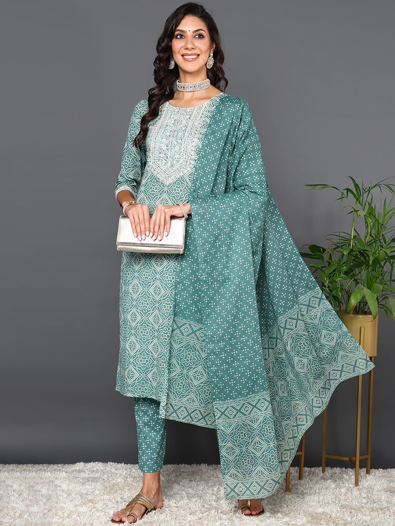 Ahika Women Green Pure Cotton Bandhani Printed Kurta Trouser With Dupatta