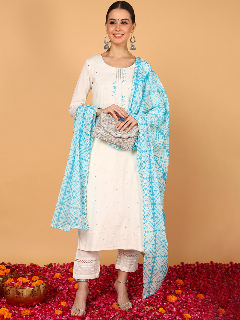 Ahika Women White Pure Cotton Solid Embroidered Straight Kurta Trouser With Dupatta