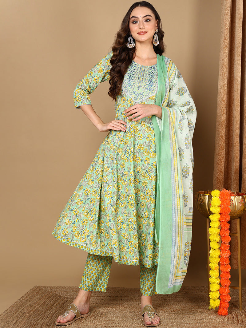 Ahika Women Green Pure Cotton Floral Printed Yoke Design Anarkali Kurta Trouser With Dupatta