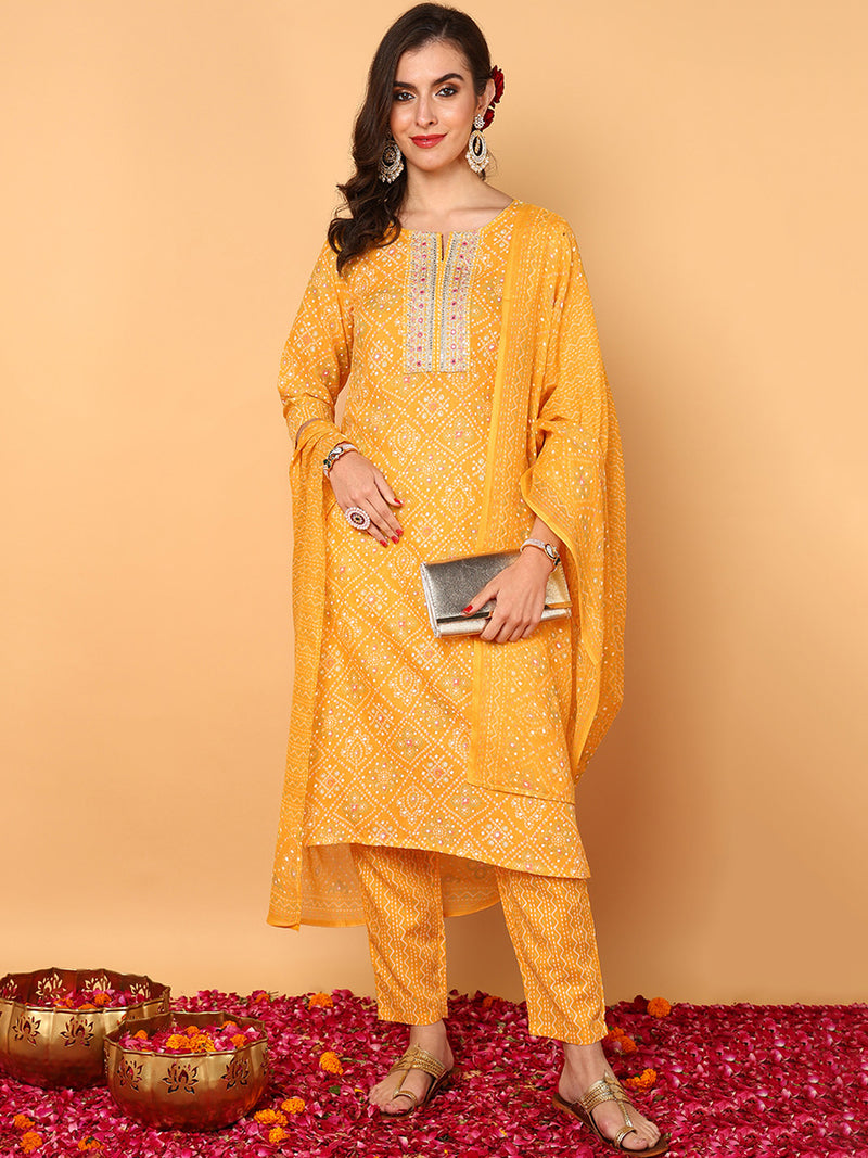 Ahika Women Yellow Poly Cotton Bandhani Printed Straight Kurta Trouser With Dupatta