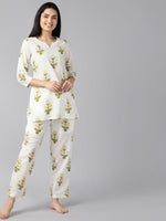 Ahika Women Off White Pure Cotton Printed Night Suit
