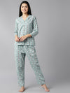 Ahika Women Teal Green White Pure Cotton Printed Night Suit