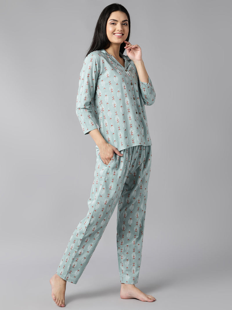 Ahika Women Teal Green White Pure Cotton Printed Night Suit