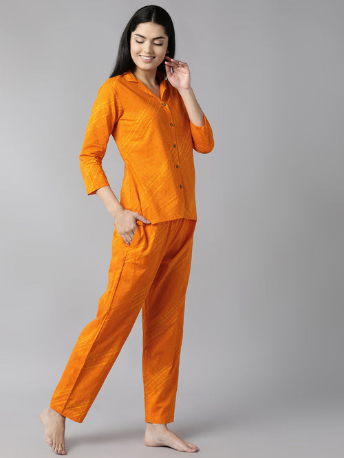 Ahika Women Orange Yellow Printed Pure Cotton Night Suit