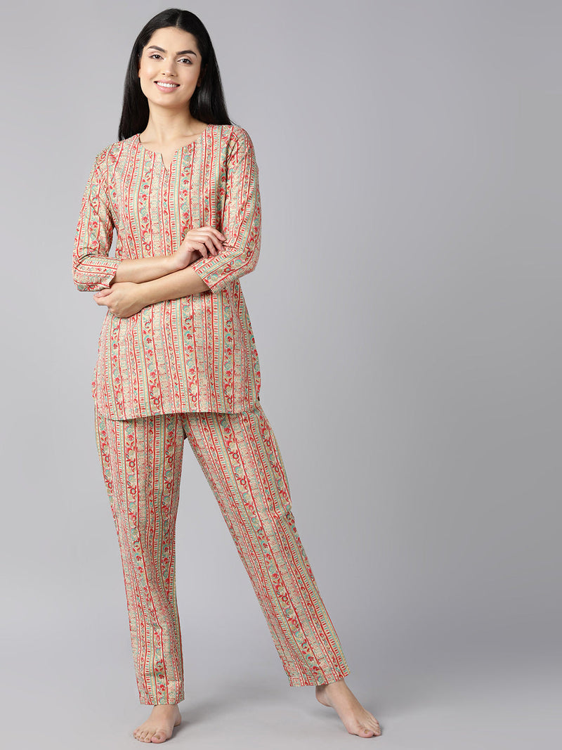 Ahika Women Beige Red Pure Cotton Printed Night Suit