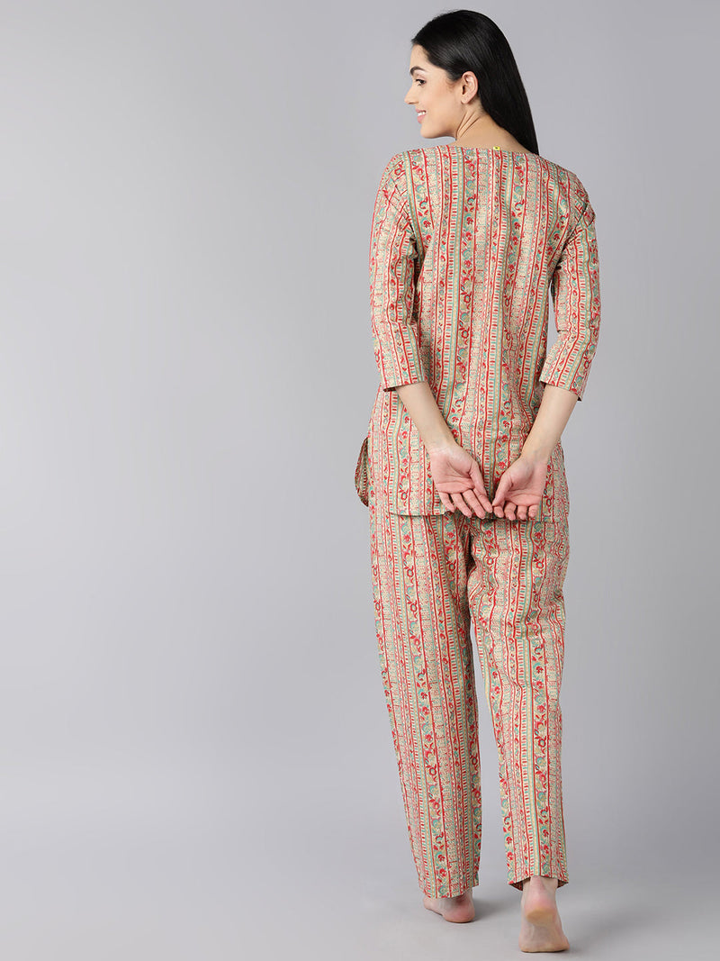 Ahika Women Beige Red Pure Cotton Printed Night Suit
