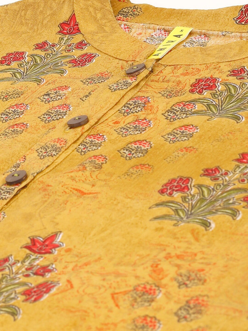 Ahika Mustard Yellow Floral Topprint Mandarin Collar Longline
