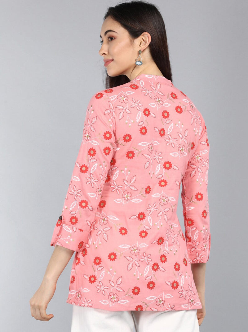 Ahika Pink Floral Print Mandarin Collar Longline Top