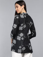 Ahika Black Floral Print Mandarin Collar Top