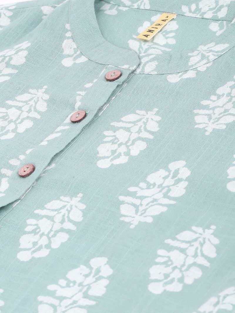 Ahika Green White Print Mandarin Collar Pure Cotton Longline Top