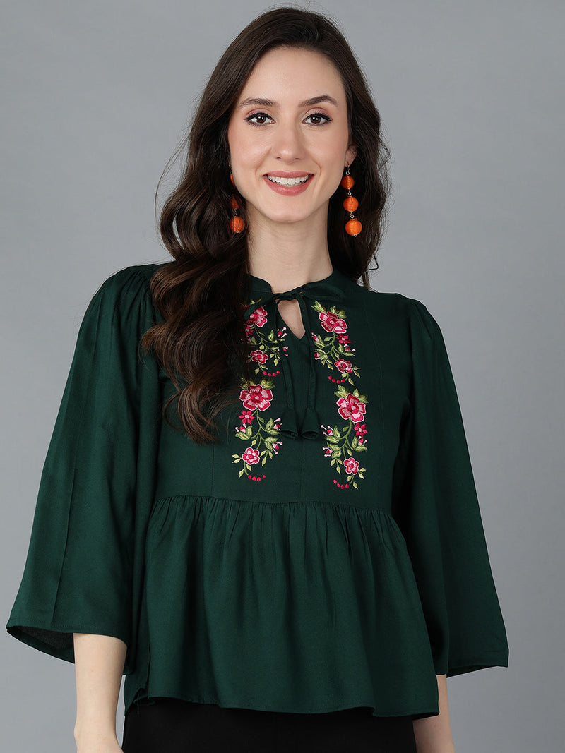 Ahika Women Green Viscose Rayon Embroidered