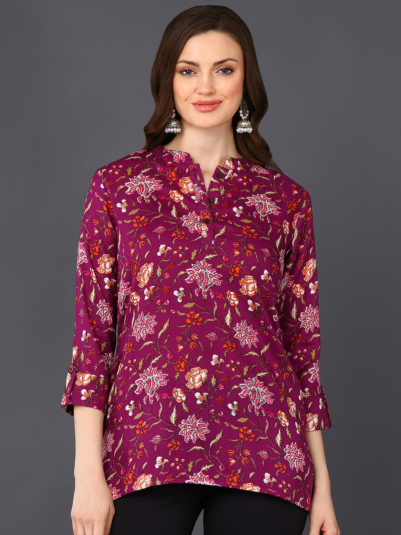 Cotton Blend Purple Floral Printed Straight Tunic