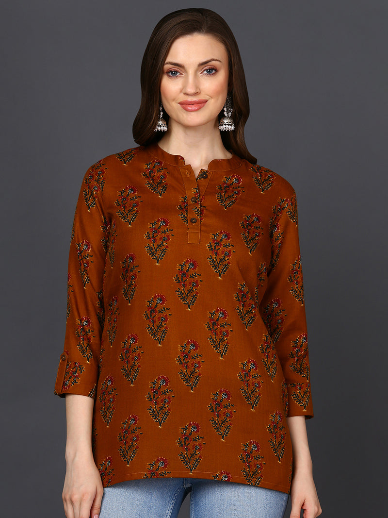 Cotton Blend Occur Yellow Ethnic Motif Printed Straight Tunic