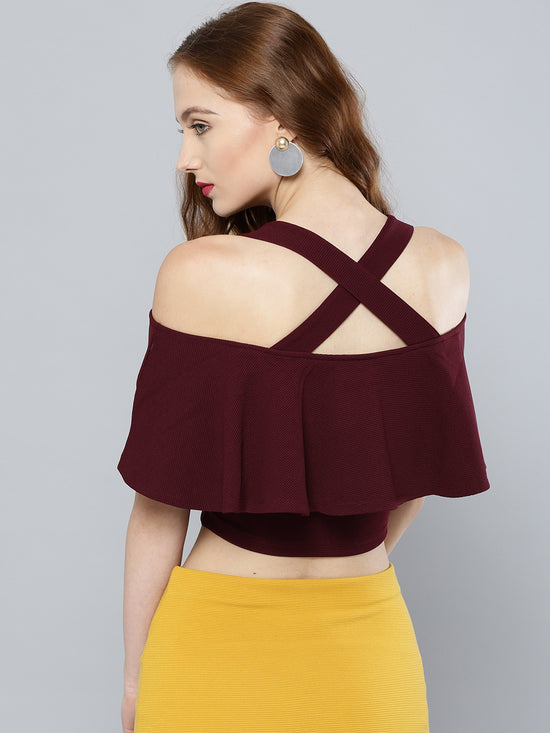 Maroon Frilled Strappy Crop Top