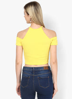 Yellow Textured Cold Shoulder Crop Top