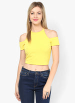 Yellow Textured Cold Shoulder Crop Top