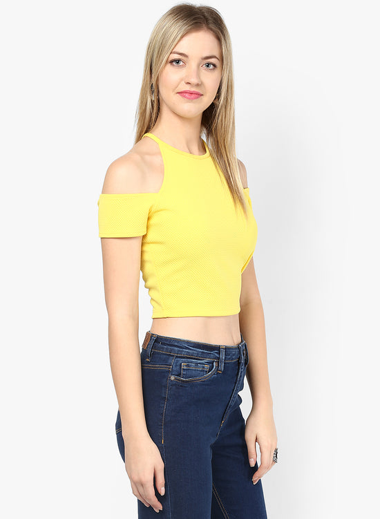 Yellow Textured Cold Shoulder Crop Top