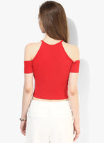 Red Textured Cold Shoulder Crop Top