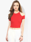 Red Textured Cold Shoulder Crop Top