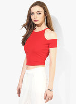 Red Textured Cold Shoulder Crop Top