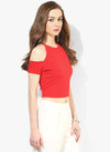 Red Textured Cold Shoulder Crop Top