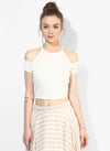 White Textured Cold Shoulder Crop Top