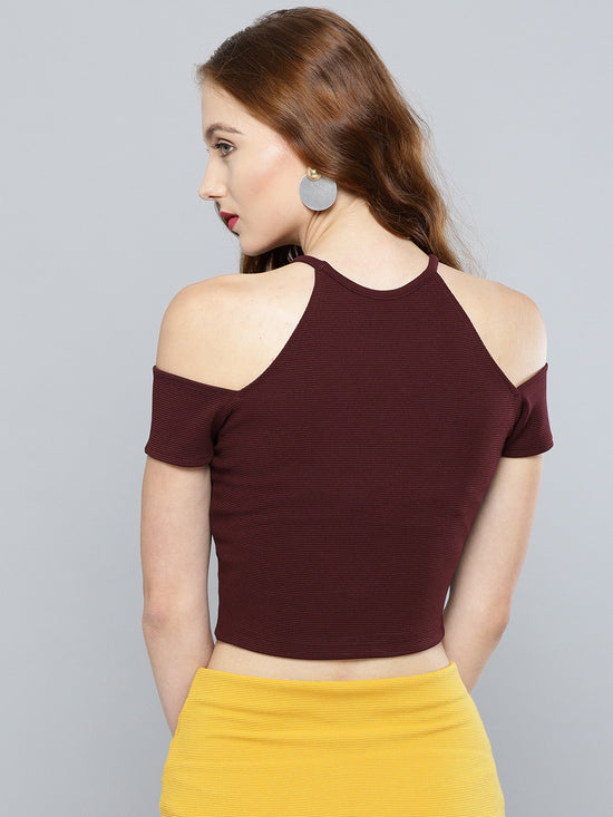 Maroon Cold Shoulder Crop Top