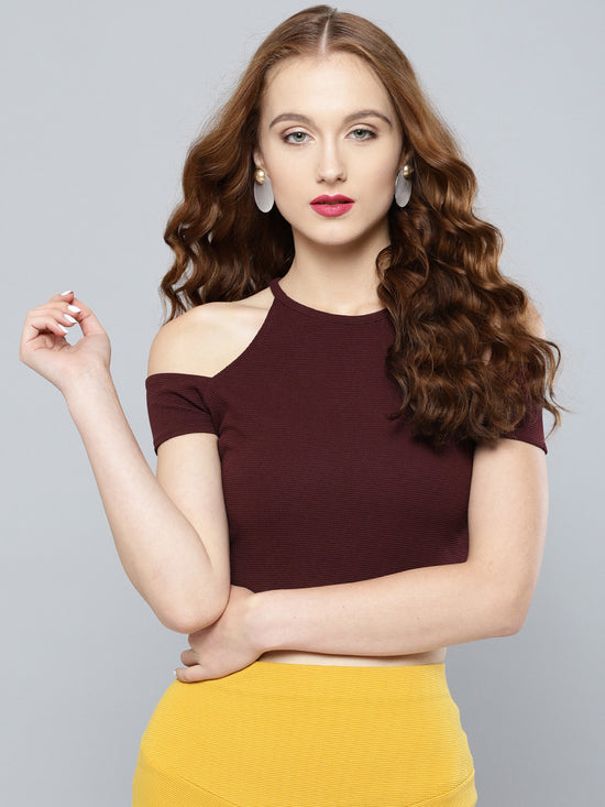 Maroon Cold Shoulder Crop Top