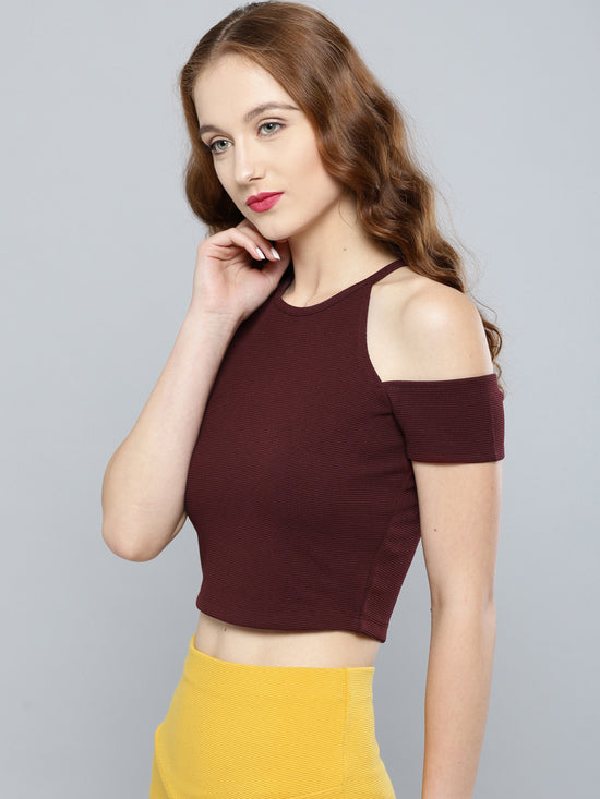 Maroon Cold Shoulder Crop Top